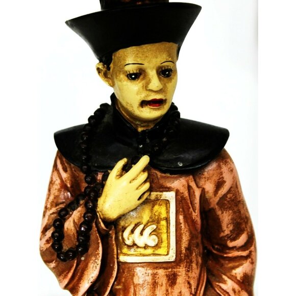 Berman Oriental Asian Man Figurine Lamp Red Lamp Shade Orange Fringe Trim Color - Picture 11 of 12